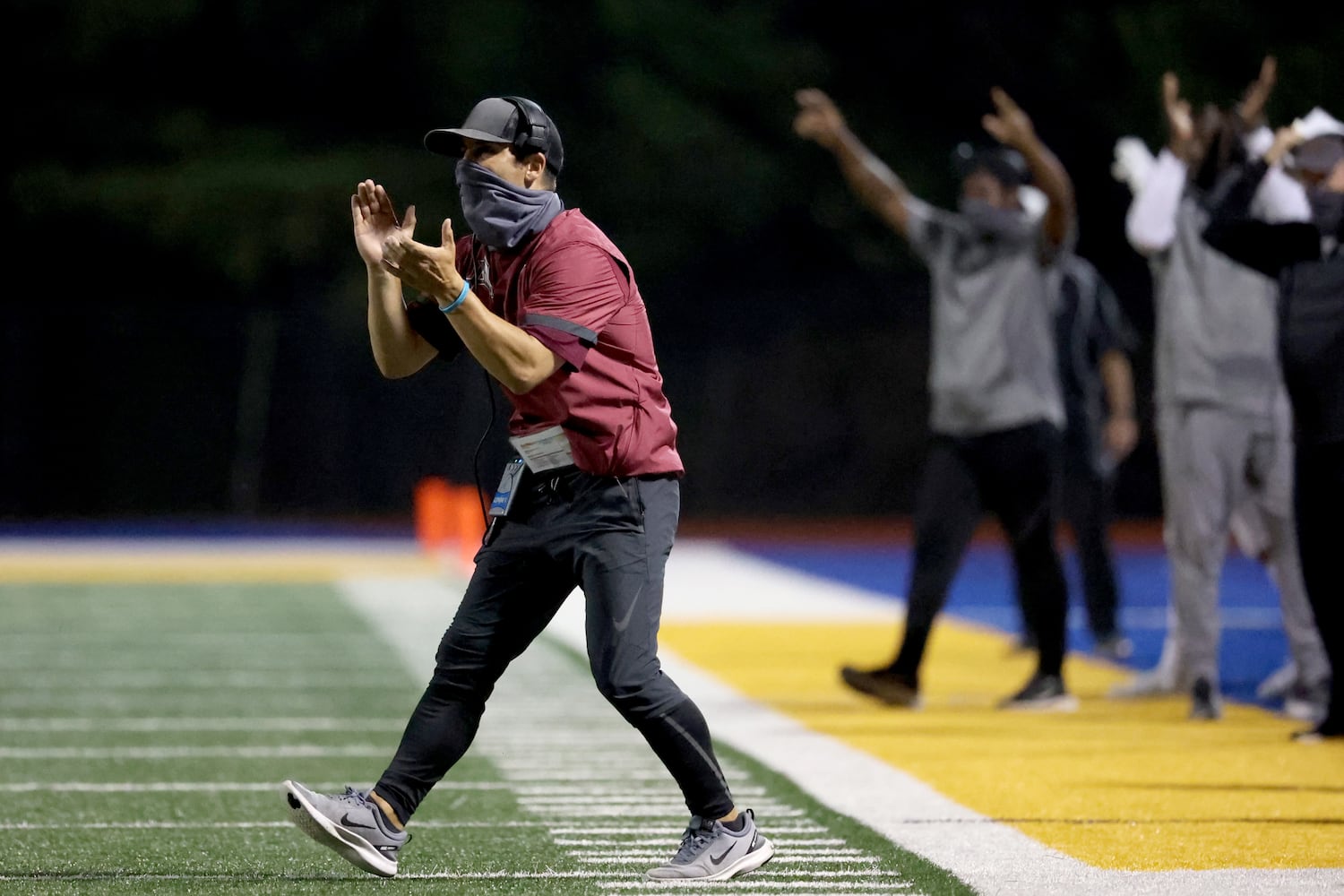 Alpharetta head coach Jason Kervin celebrates an extra point after a touchdown in the second half against Chattahoochee at Chattahoochee high school Friday, September 25, 2020 in Johns Creek, Ga. Alpharetta won 21-7. JASON GETZ FOR THE ATLANTA JOURNAL-CONSTITUTION