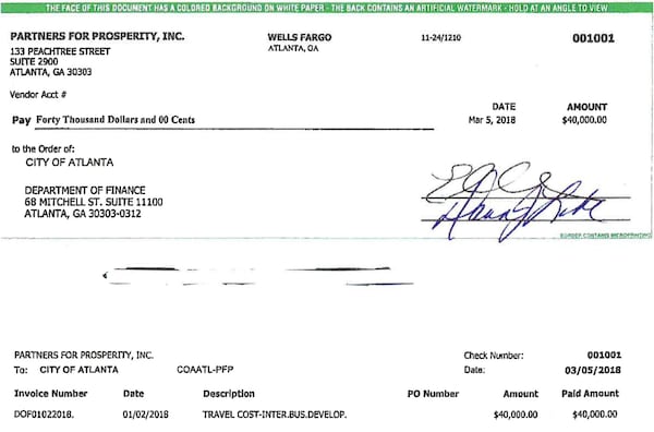 Partners for Prosperity, a nonprofit formed by Invest Atlanta to help promote affordable housing, job creation and economic development, cut this $40,000 check to the city of Atlanta in March to defray the cost of business-class travel for former Mayor Kasim Reed and some of his entourage for a spring 2017 trip to South Africa. In December, the city had given the nonprofit $40,000 in taxpayer money from Reed’s unclaimed salary.