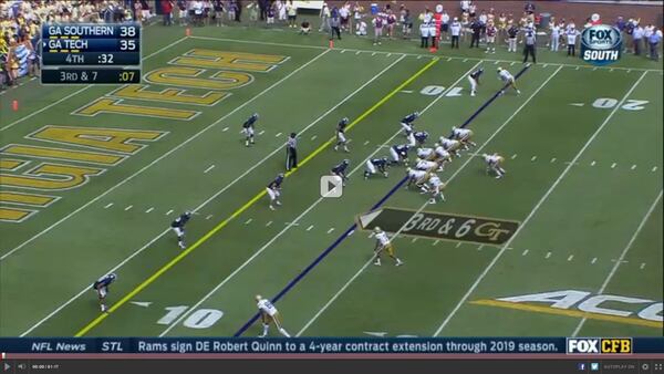 Georgia Tech lines up with A-back B.J. Bostic in the slot and Deon Hill in the wingback spot. Georgia Southern has three down linemen, linebackers flanking them and middle linebacker Edwin Jackson walking up to the line.