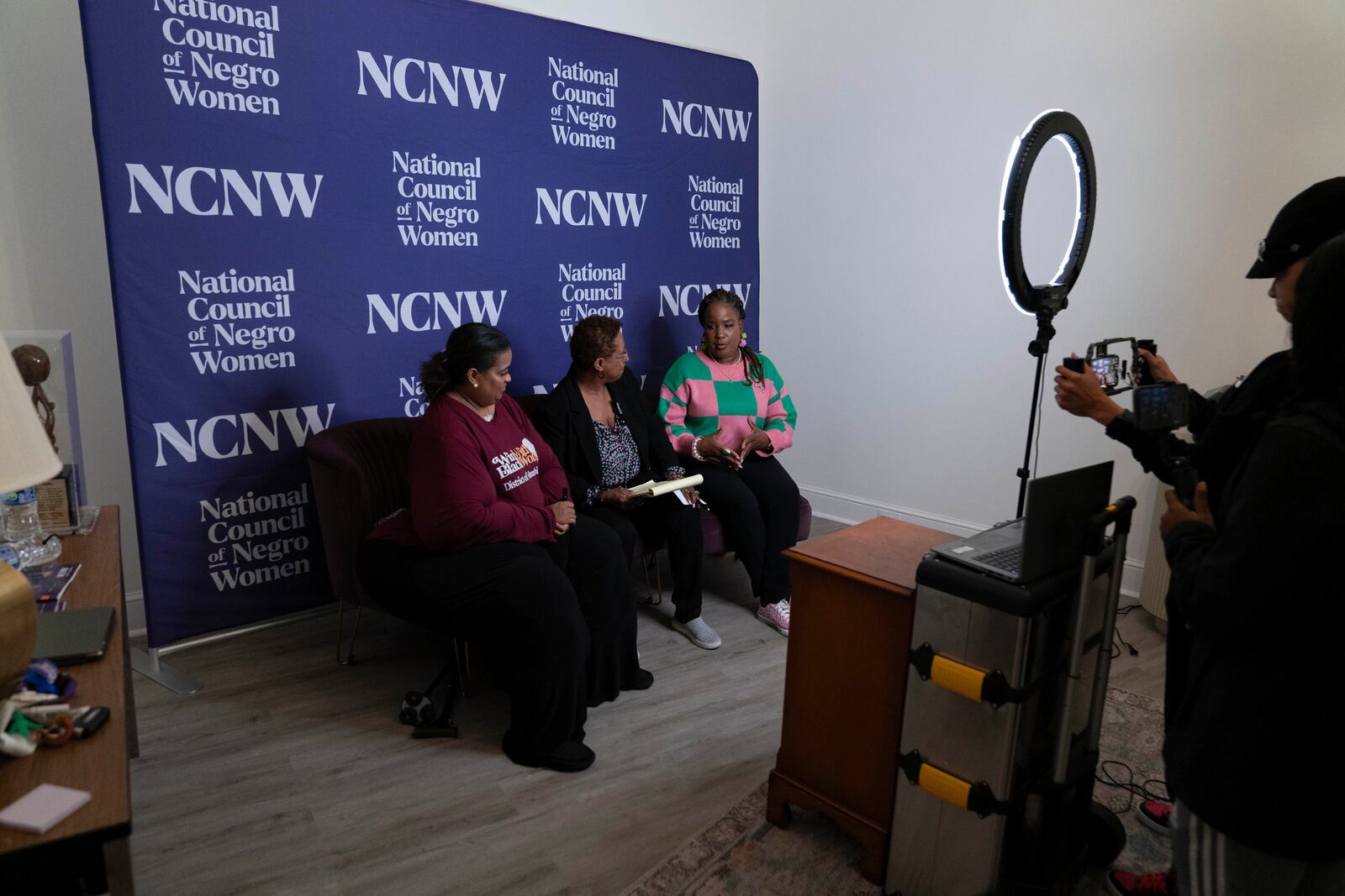 Members of the Black Women's Leadership Collective from left; Holli Holliday, President, Sisters Lead Sisters Vote & lead organizer, Win With Black Women, Portia Reddick White, Vice President Advocacy and Policy, National Council of Negro Women (NCNW) and Roslyn Brock, Chairman Emeritus, NAACP, share election updates and voting information in battleground communities via livestream at the national Council of Negro Women in Washington, Tuesday, Nov. 5, 2024. (AP Photo/Jose Luis Magana)