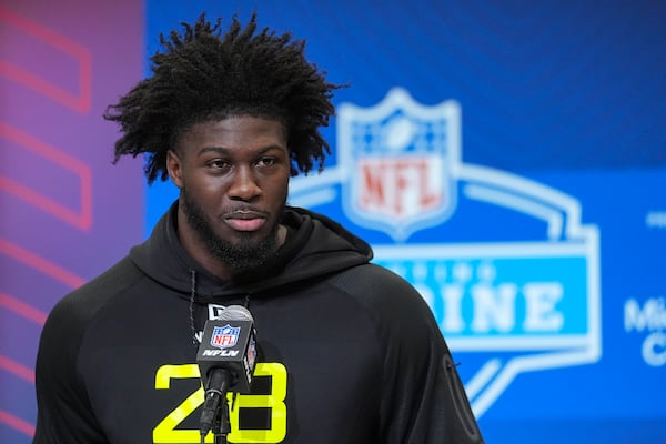 Georgia linebacker Jalon Walker speaks during a press conference at the NFL football scouting combine in Indianapolis, Wednesday, Feb. 26, 2025. (AP Photo/Michael Conroy)