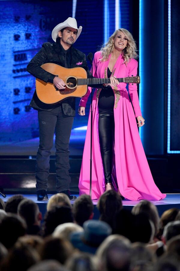 Brad Paisley and Carrie Underwood onstage during the 52nd annual CMA Awards at the Bridgestone Arena on Nov. 14, 2018, in Nashville, Tennessee.