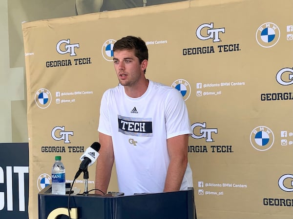 Georgia Tech quarterback Trad Beatty speaks with media Aug. 9, 2021 at Bobby Dodd Stadium. (AJC photo by Ken Sugiura)