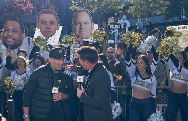 Georgia Tech men's basketball coach Damon Stoudamire interviews during a SportsCenter on Campus visit ahead of the Georgia Tech-NC State football game.