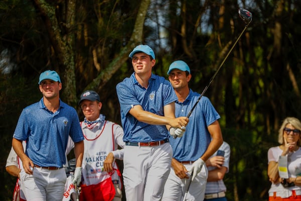 Davis Thompson hits his tee shot on the sixth hole during a practice round at the 2021 Walker Cup at Seminole Golf Club in Juno Beach, Fla. on Friday, May 7, 2021. (Chris Keane/USGA)