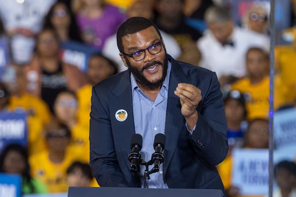 Director Tyler Perry speaks during Democratic presidential candidate Kamala Harris’ rally at James R. Hallford Stadium in Clarkston on Thursday, Oct. 24, 2024. (Arvin Temkar/AJC)