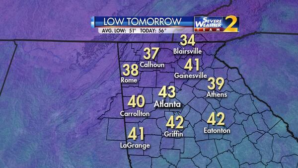 Lows are expected to drop from 51 degrees Tuesday to 43 Wednesday in Atlanta. (Credit: Channel 2 Action News)