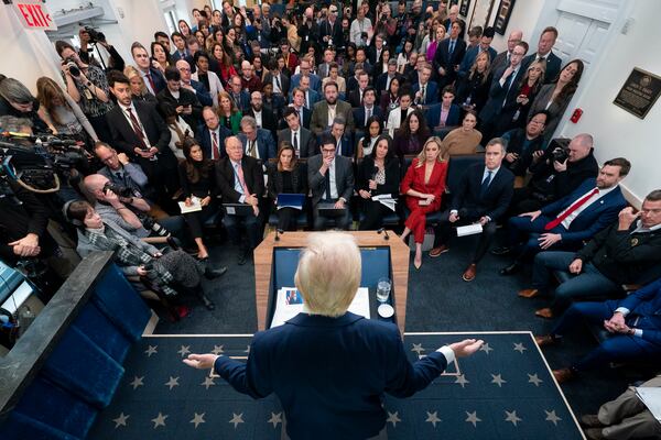 President Donald Trump speaks with reporters in the James Brady Press Briefing Room at the White House, Thursday, Jan. 30, 2025, in Washington. (AP Photo/Alex Brandon)