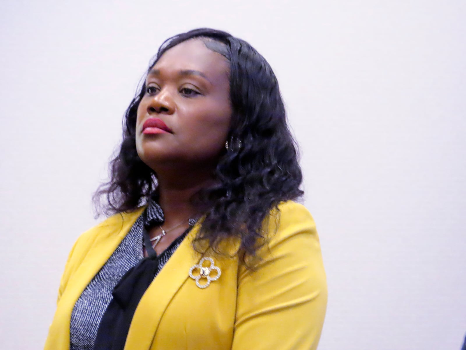 La'Quetta Small, the superintendent of schools for Atlantic City N.J., listens to a judge speak during a court appearance in Mays Landing N.J. on Thursday, Oct. 10, 2024 on charges that she and her husband, Atlantic City Mayor Marty Small Sr. beat and abused their teenage daughter, charges that the couple deny. (AP Photo/Wayne Parry)