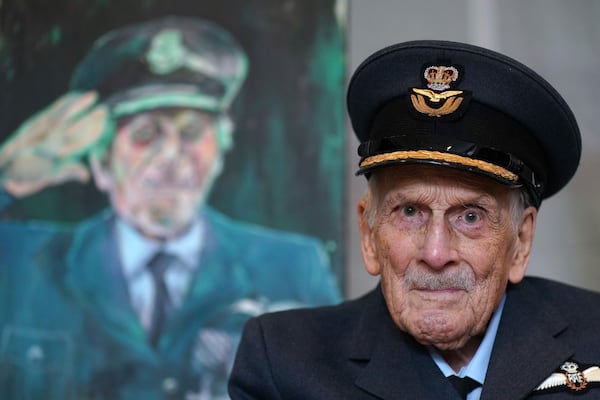 FILE - The last known Battle of Britain pilot, Group Captain John 'Paddy' Hemingway DFC celebrating his 105th birthday at the British Embassy in Dublin, Ireland, July 17, 2024. (Brian Lawless/PA via AP, File)