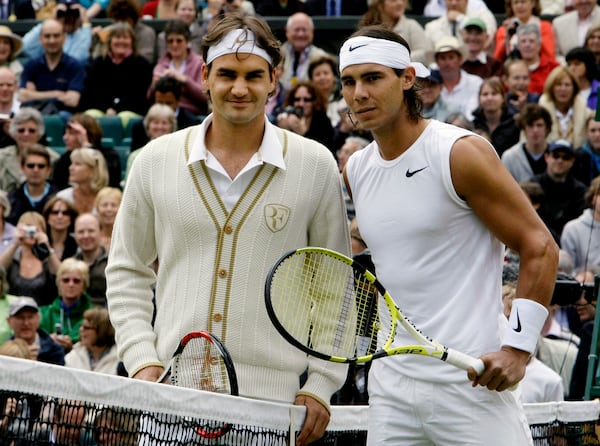 FILE - Switzerland's Roger Federer left, and Spain's Rafael Nadal pose for a photo prior to the start of the men's singles final on the Centre Court at Wimbledon, July 6, 2008 (AP Photo/Anja Niedringhaus, File)