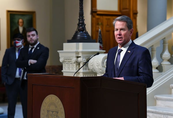 Gov. Brian Kemp speaks during a press briefing providing an update on the COVID-19 vaccine on Friday at the Georgia Capitol. (Hyosub Shin / Hyosub.Shin@ajc.com)