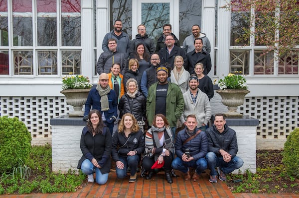 Chefs from around the country participated in the James Beard Foundation Chefs Boot Camp for Policy and Change, held March 12 to 14 at the Inn at Serenbe, in Chattahoochee Hills, Ga. The group learned advocacy skills and explored issues such as food waste. Pictured, from left to right, beginning in the back: Chef Jose Mendin; Chef Kevin Sousa; Chef Matthew Dolan; Chef Kevin Sbraga; Chef Paul Reilly; Chef Marjorie Meek-Bradley; Chef Greg Baker; Chef Michael Nelson; Chef Duskie Estes; Meredith Powell, Osprey Foundation; Chef Justin Severino; Chef Janine Booth; Chef Debbie Gold; Chef Thaddeus Barton; Chef Brenda Langton; Chef Kwame Williams; Chef Matt Adolfi; Michelle Santoro, manager of strategic partnerships, JBF; Maggie Borden, associate editor, JBF; Katherine Miller, senior director of food policy advocacy, JBF; Kris Moon, vice president, JBF; and Chris Powell, Osprey Foundation. Photo by Ken Goodman