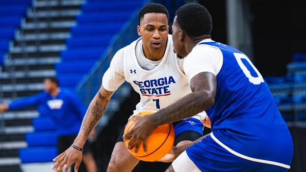 Junior Dwon Odom (1) is one of four returning players back for Georgia State. Here he's putting some defense on Malik Ferguson, one of the team's prized freshmen.