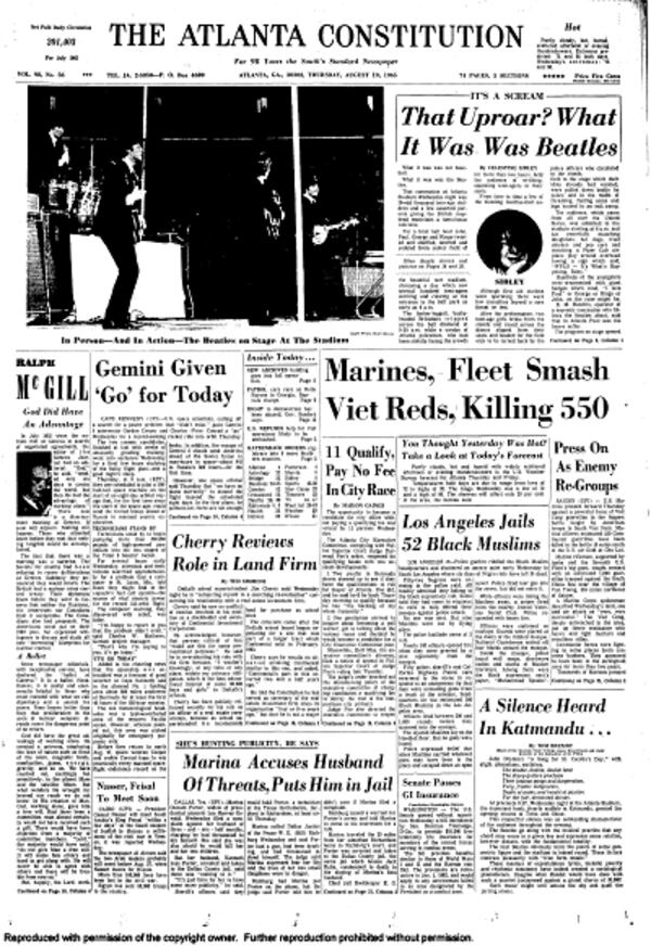 Columnist Celestine Sibley recounted the Beatles' brief Atlanta Stadium show from the previous night for Constitution readers in the Aug. 19, 1965, paper.