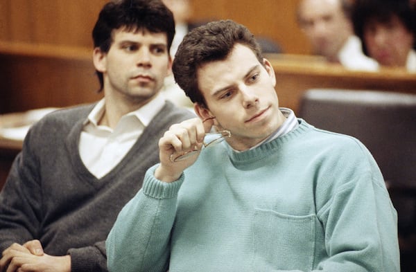 FILE - Lyle, left, and Erik Menendez appear in court for a preliminary hearing held in Beverly Hills, Calif., April 12, 1991. (AP Photo/Kevork Djansezian, File)