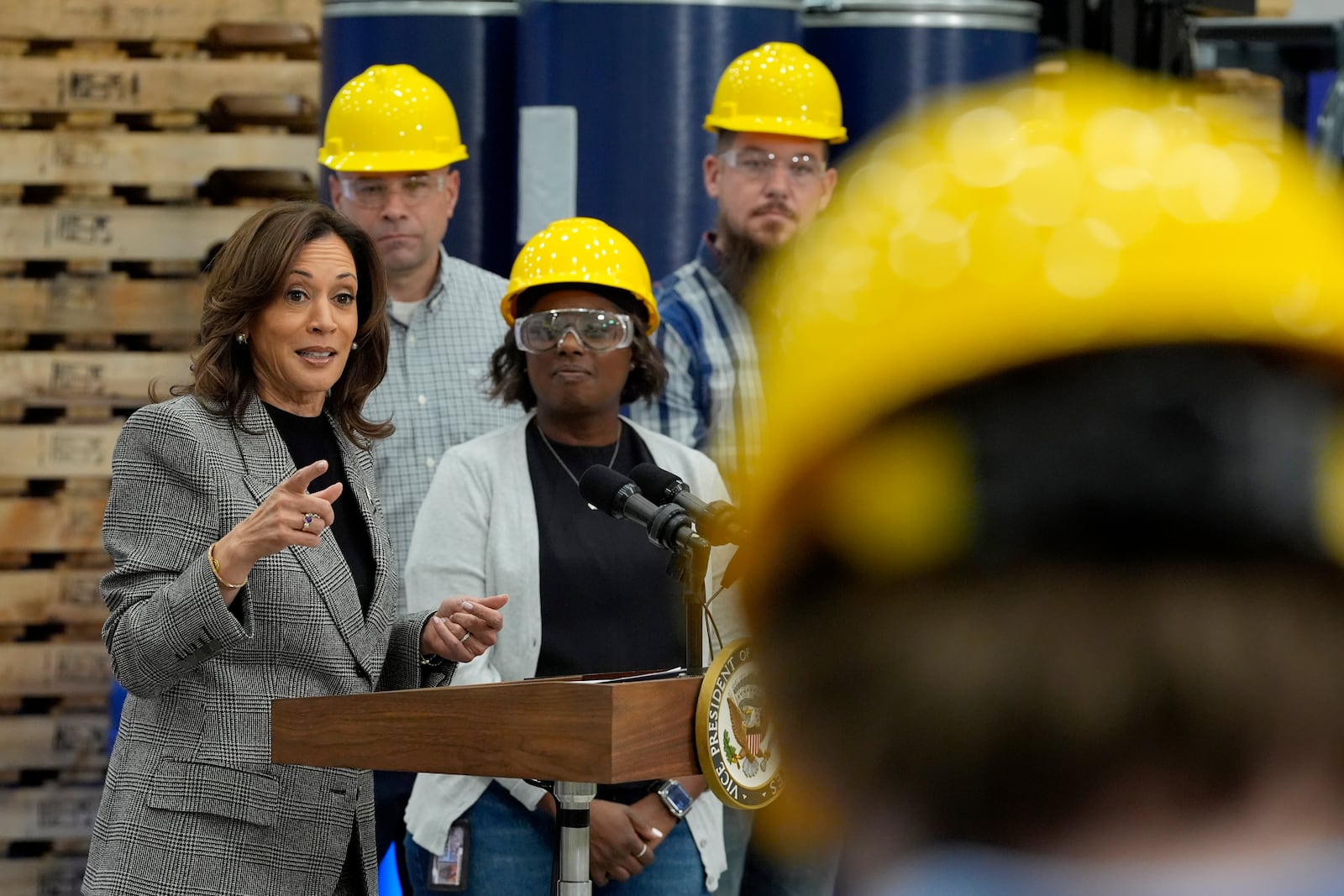 Democratic presidential nominee Vice President Kamala Harris speaks after taking a tour of the Hemlock Semiconductor Next-Generation Finishing facility in Hemlock, Mich., Monday, Oct. 28, 2024. (AP Photo/Jacquelyn Martin)