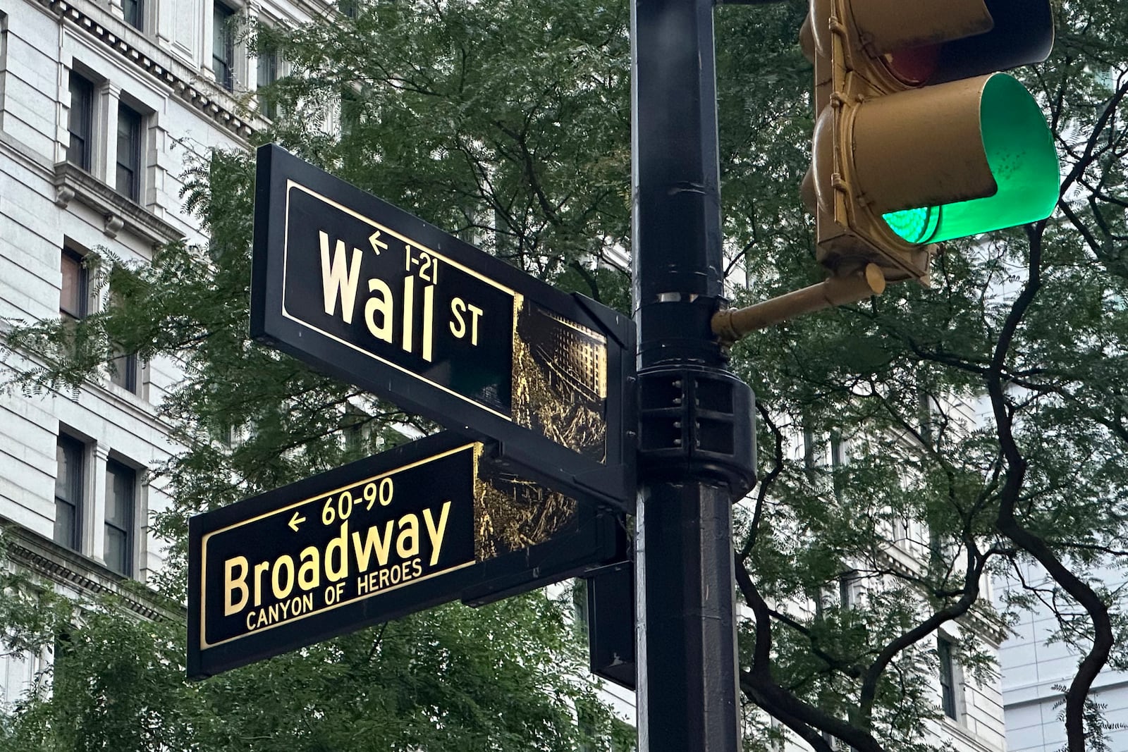 Signs marking the intersection of Wall St. and Broadway in New York's Financial District are shown on Wednesday, Oct. 9, 2024. (AP Photo/Peter Morgan, File)