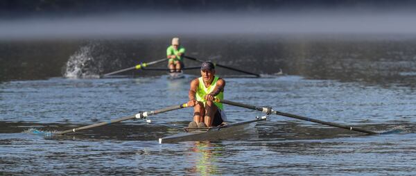 Amid clear skies, Carlos Frega gets ready for his row along the Chattahoochee River on Thursday. JOHN SPINK / JSPINK@AJC.COM