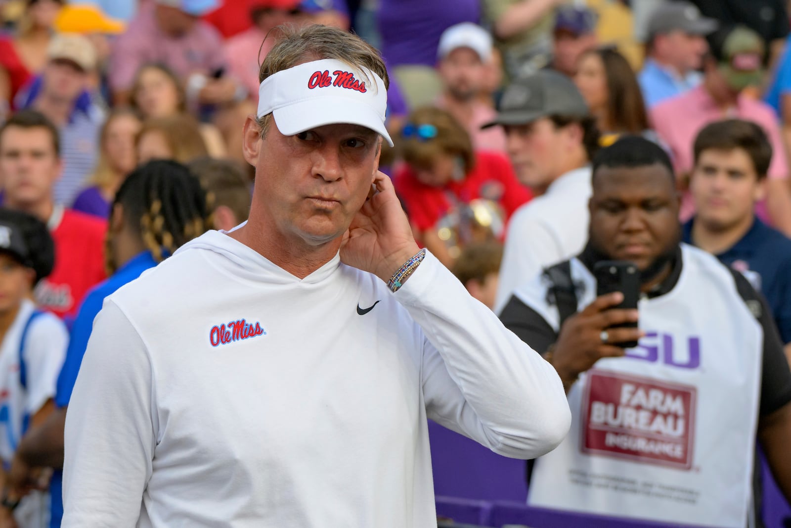 Mississippi head coach Lane Kiffin arrives for an NCAA college football game against LSU in Baton Rouge, La., Saturday, Oct. 12, 2024. (AP Photo/Matthew Hinton)