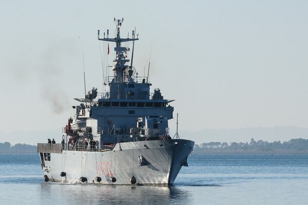 The Italian navy ship Libra approaches the port of Shengjin, northwestern Albania, Friday, Nov. 8, 2024, with the second group of eight migrants intercepted in international waters to be processed there in a reception facility despite the failure with the first group in October.(AP Photo/Vlasov Sulaj)