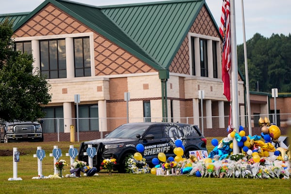 FILE - A memorial is seen at Apalachee High School after a school shooting, Sept. 7, 2024, in Winder, Ga. (AP Photo/Mike Stewart, File)