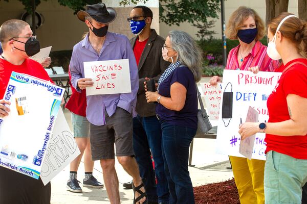 Georgia State University faculty, staff, and students protest for stronger COVID-19 safety protocols  Monday, August 30, 2021. (STEVE SCHAEFER FOR THE ATLANTA JOURNAL-CONSTITUTION)