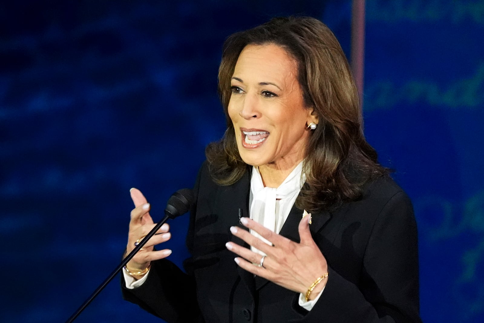 Democratic presidential nominee Vice President Kamala Harris speaks during a presidential debate with Republican presidential nominee former President Donald Trump at the National Constitution Center in Philadelphia, Tuesday, Sept. 10, 2024. (AP Photo/Alex Brandon)