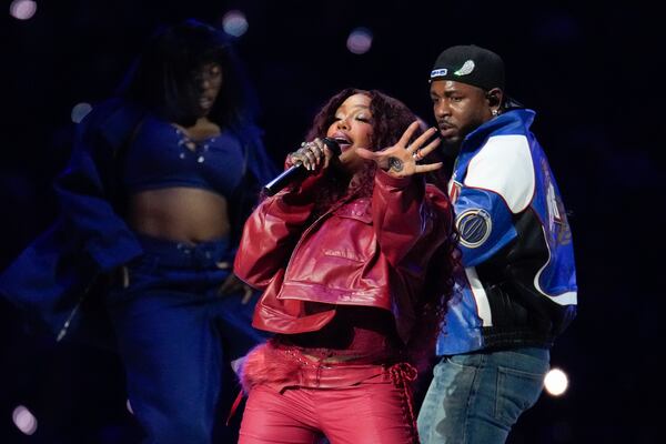 SZA and Kendrick Lamar peform during halftime of the NFL Super Bowl 59 football game between the Kansas City Chiefs and the Philadelphia Eagles, Sunday, Feb. 9, 2025, in New Orleans. (AP Photo/George Walker IV)