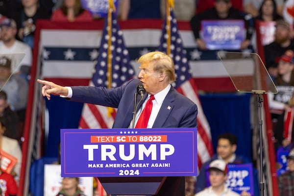 Former president and Republican presidential candidate Donald Trump speaks during a campaign rally at Winthrop Coliseum in Rock Hill, South Carolina on Friday, February 23, 2024, a day before the South Carolina primary. (Arvin Temkar / arvin.temkar@ajc.com)