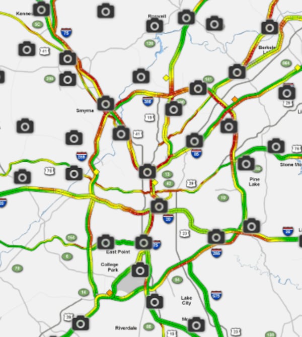 This is the WSB 24-hour Traffic Center map. The color red isn't a good thing.