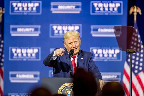 09/25/2020 - Atlanta, Georgia - President Donald Trump speaks during a Blacks for Trump campaign rally at the Cobb Galleria Centre in Atlanta, Friday, September 25, 2020.  (Alyssa Pointer / Alyssa.Pointer@ajc.com)