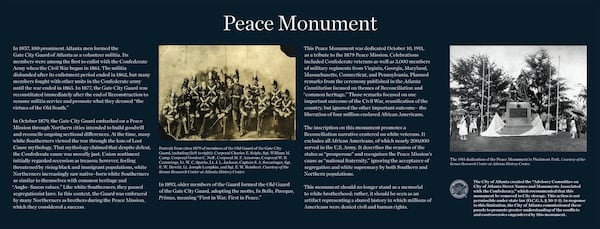 A contextual panel that will be erected next to the Peace Monument in Atlanta’s Piedmont Park. The contextual markers address the role of slavery in the Civil War.