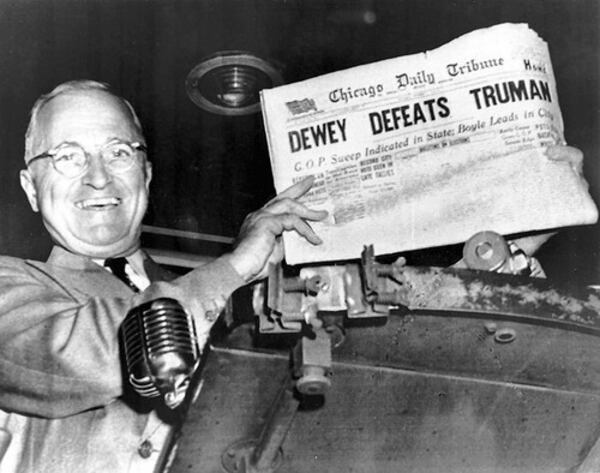 Thomas Dewey narrowly lost to President Harry S. Truman (shown here) in the 1948 presidential election after eking out the nomination over Ohio Sen. Robert Taft in the last brokered Republican convention.