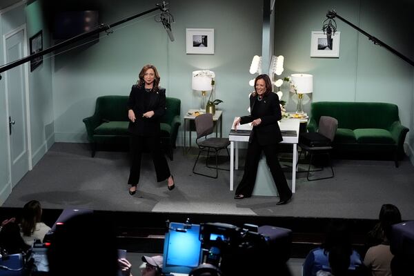 Democratic presidential nominee Vice President Kamala Harris, right, appears on NBC's "Saturday Night Live," with Maya Rudolph, left, Saturday, Nov. 2, 2024 in New York. Harris has made an unannounced trip to New York to appear briefly stepping away from the battleground states she's been campaigning in with just three days to go before the election. (AP Photo/Jacquelyn Martin)