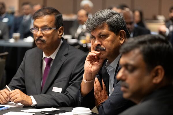 Attendees listen during a trade event hosted by the Georgia Indo-American Chamber of Commerce in Atlanta on Wednesday, March 27, 2024.   (Ben Gray / Ben@BenGray.com)