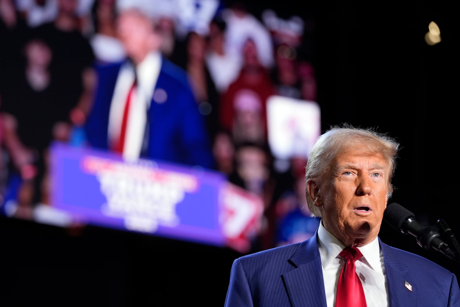 Republican presidential nominee former President Donald Trump speaks at a campaign rally at Mullett Arena, Thursday, Oct. 24, 2024, in Tempe, Ariz. (AP Photo/Alex Brandon)