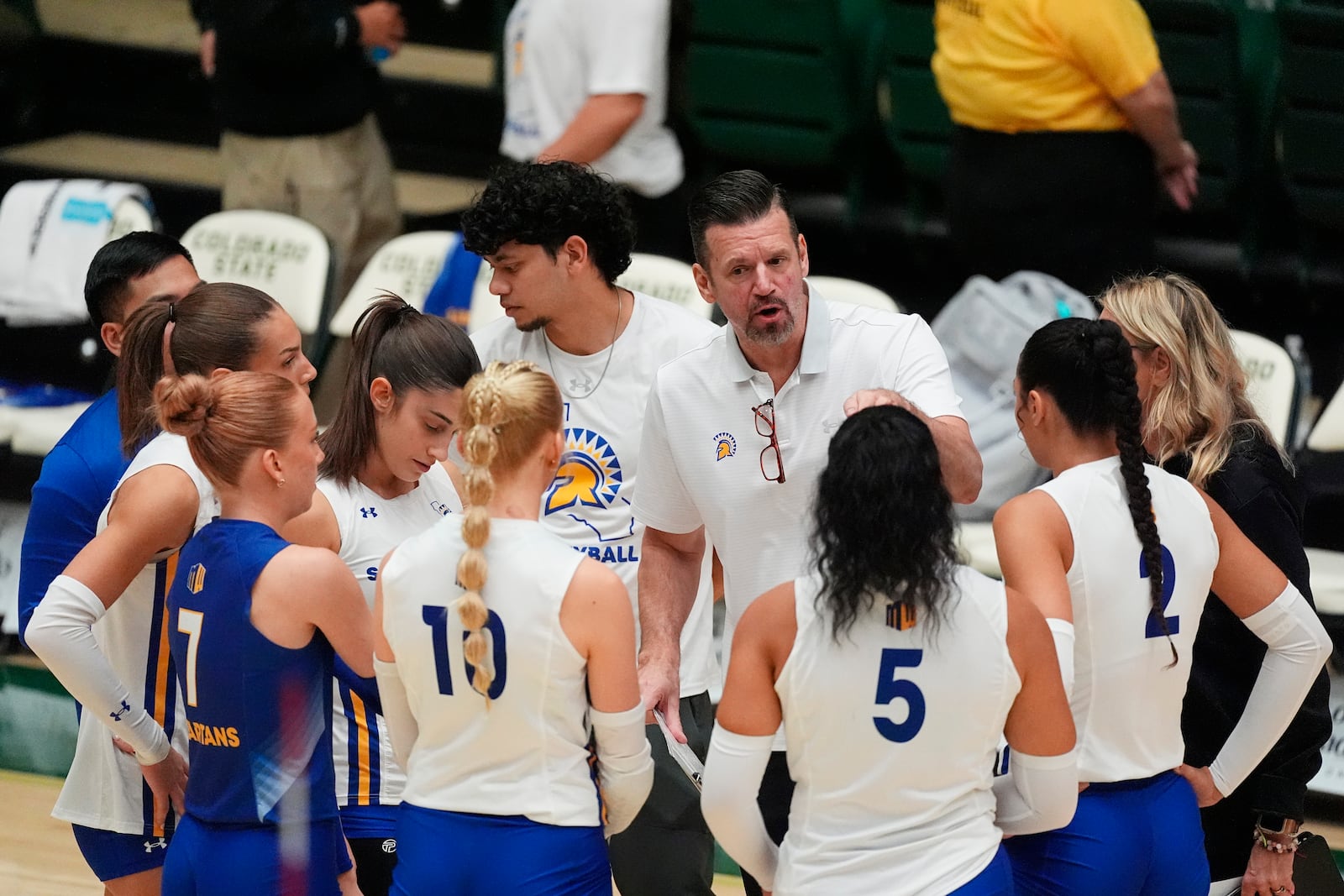 San Jose State head coach Todd Kress, center back, talks to his players during a timeout during the first set of an NCAA college volleyball match against Colorado State, Thursday, Oct. 3, 2024, in Fort Collins, Colo. (AP Photo/David Zalubowski)