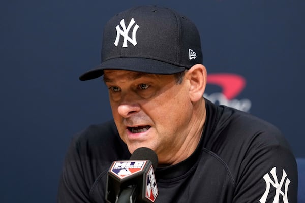 New York Yankees manager Aaron Boone speaks during a news conference before Game 1 of the baseball World Series against the Los Angeles Dodgers, Friday, Oct. 25, 2024, in Los Angeles. (AP Photo/Godofredo A. Vásquez)