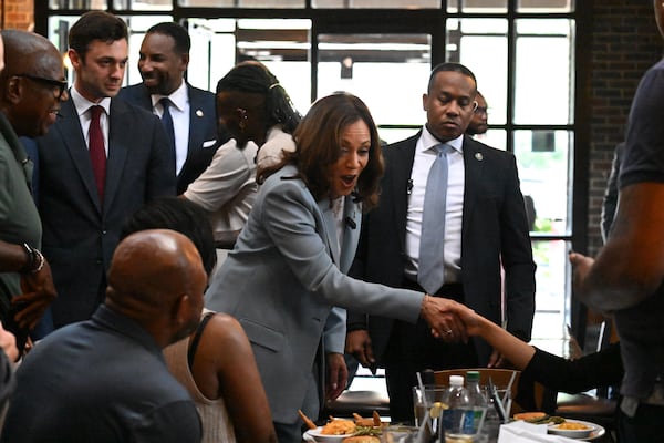 Vice President Kamala Harris makes a brief stop at Paschal's restaurant as she heads to a rally at the Georgia State University’s convocation center in Atlanta on Tuesday, July 30, 2024. It is her first campaign event in Georgia since she became the presumptive Democratic nominee.  (Hyosub Shin / Hyosub.Shin / ajc.com)