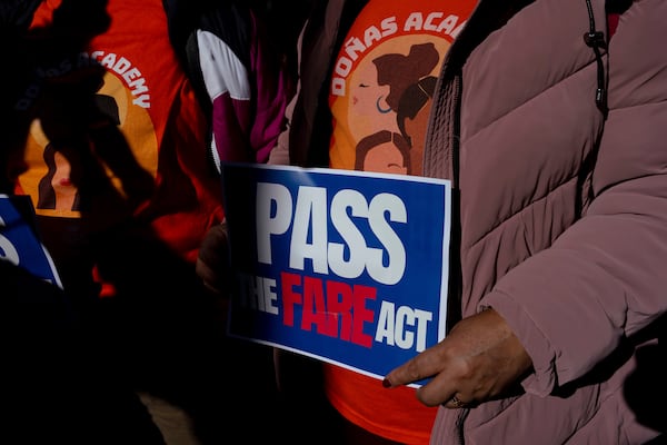 People gather outside of City Hall for a rally in support of the FARE Act ahead of a City Council meeting, Wednesday, Nov. 13, 2024, in New York. (AP Photo/Adam Gray)