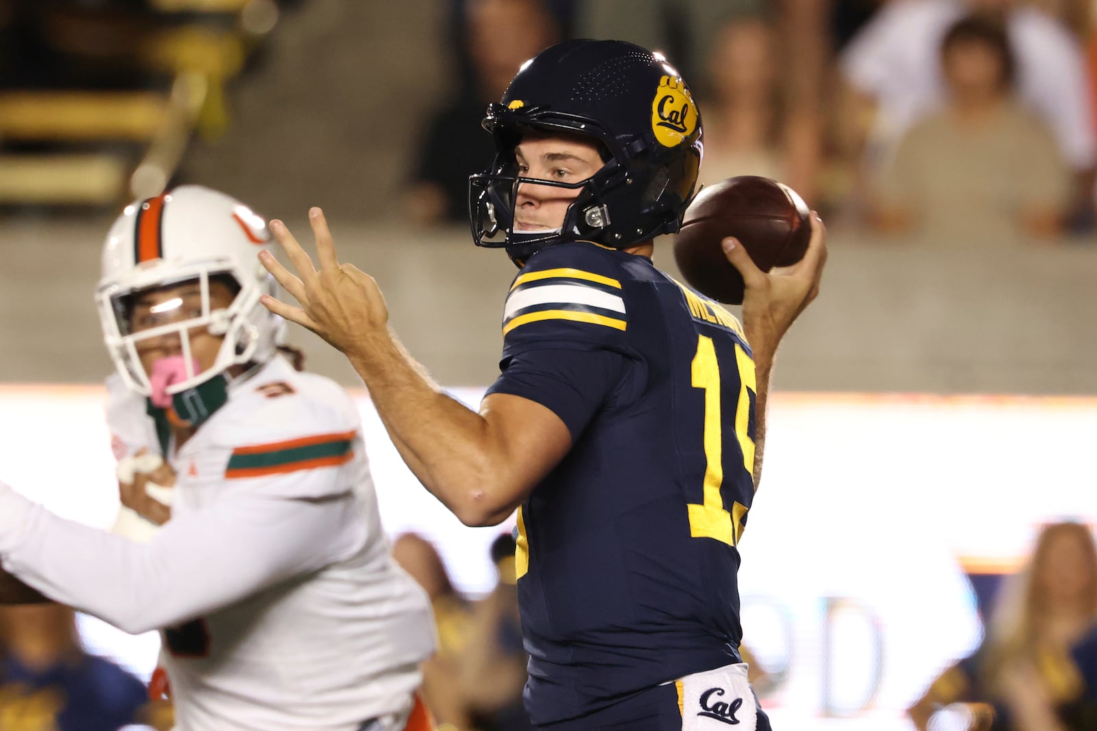 California quarterback Fernando Mendoza (15) passes against Miami during the first half of an NCAA college football game in Berkeley, Calif., Saturday, Oct. 5, 2024. (AP Photo/Jed Jacobsohn)