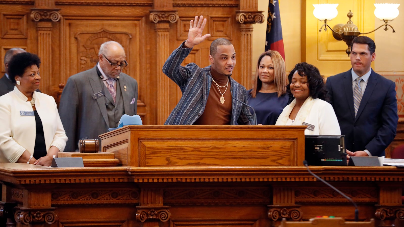 March 22, 2019 - Atlanta -  Atlanta rapper Clifford "T.I." Harris was in the Georgia Senate on Friday to be recognized for his work with the community. State Sen. Donzella James, D-Atlanta, sponsored the resolution that recognized Harris for his nonprofits Harris Community Works, which works with the disadvantaged, and For The Love Of Our Fathers, which works with people with Alzheimer's and dementia. Bob Andres / bandres@ajc.com