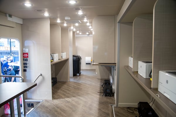 10/1/2020 - Atlanta, Georgia - The interior of the new Fulton County mobile voting bus in downtown Atlanta, Thursday, October 1, 2020.  (Alyssa Pointer / Alyssa.Pointer@ajc.com)