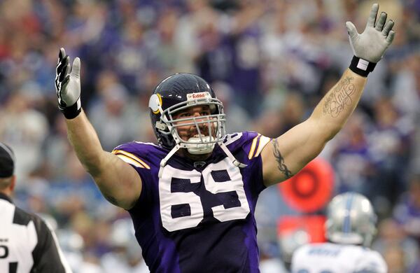 FILE - Minnesota Vikings defensive end Jared Allen gestures during the first half an NFL football game against the Detroit Lions, in Minneapolis, Sept. 25, 2011. (AP Photo/Genevieve Ross, File)