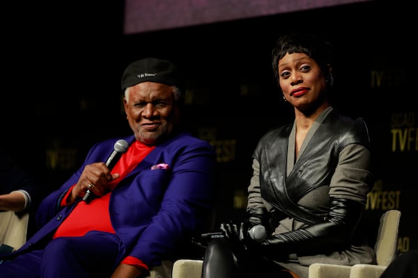 George Wallace, left, and Laverne Cox attend a "Clean Slate" Q&A during the 13th SCAD TVfest in February.