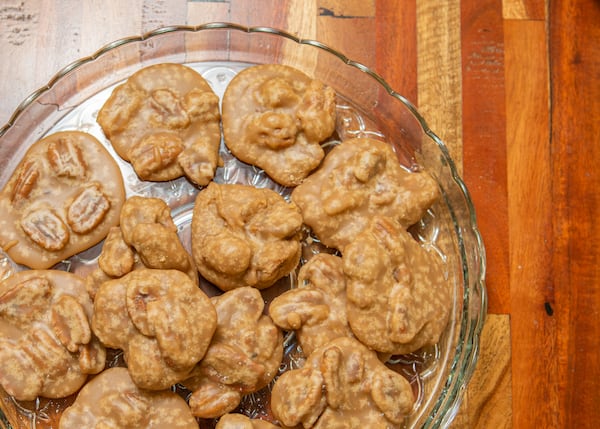 If your Pecan Pralines seem too flat, Julie Frazier suggests stirring the batter a little more vigorously. (Styling by Julie Frazier / Aaliyah Man for The Atlanta Journal-Constitution)