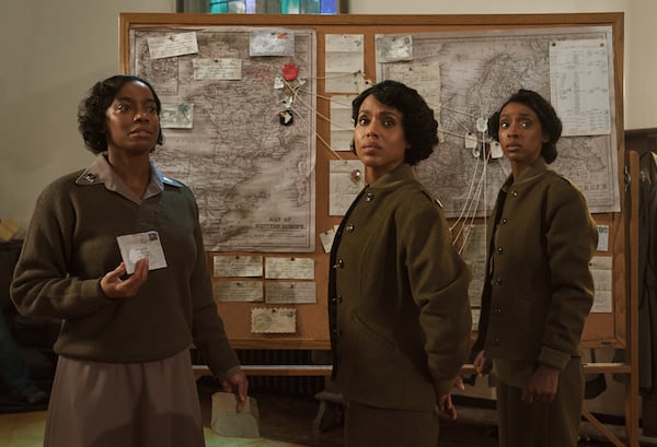 Milauna Jackson (left) as Lt. Campbell, Kerry Washington as Maj. Charity Adams and Ebony Obsidian as Lena Derriecott King in "The Six Triple Eight." 