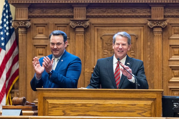 Lt. Gov. Burt Jones, left, and Gov. Brian Kemp have butted heads at times, especially during the past legislative session when Jones, a supporter of former President Donald Trump, backed a failed Buckhead cityhood initiative and promoted a hospital deregulation plan. Any misstep by Kemp concerning the potential indictment of Trump could give Jones a way to derail the governor's agenda. (Arvin Temkar/The Atlanta Journal-Constitution/TNS)