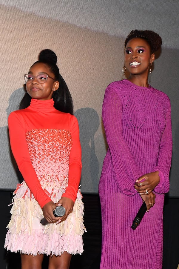 ATLANTA, GEORGIA - APRIL 04:   Marsai Martin and Issa Rae onstage during  "Little" Atlanta red carpet screening at Regal Atlantic Station on April 04, 2019 in Atlanta, Georgia.  (Photo by Paras Griffin/Getty Images for Universal)